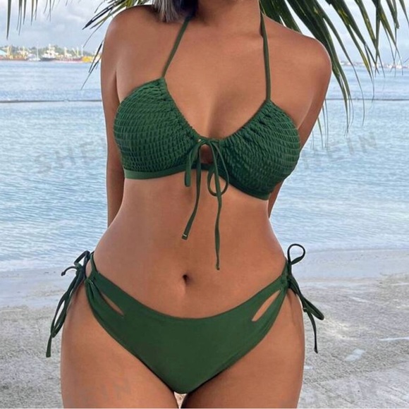 Swim Summer Beach Women's Solid Color Two-Piece Bikini Set DARK GREEN SIZE XL - Picture 4 of 9
